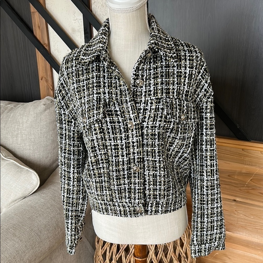 Elan Black and White Textured Tweed women Jacket Blazer Size S New With Tags